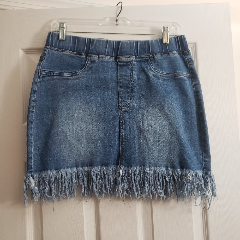 Women's Elastic Band Frayed Hem Denim Jean Skirt